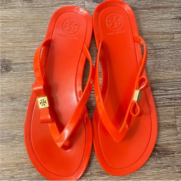 Tory Burch Thong Sandals Orange Size 9 Jelly Thong (Hard plastic)Gold Bow detail - Picture 7 of 7
